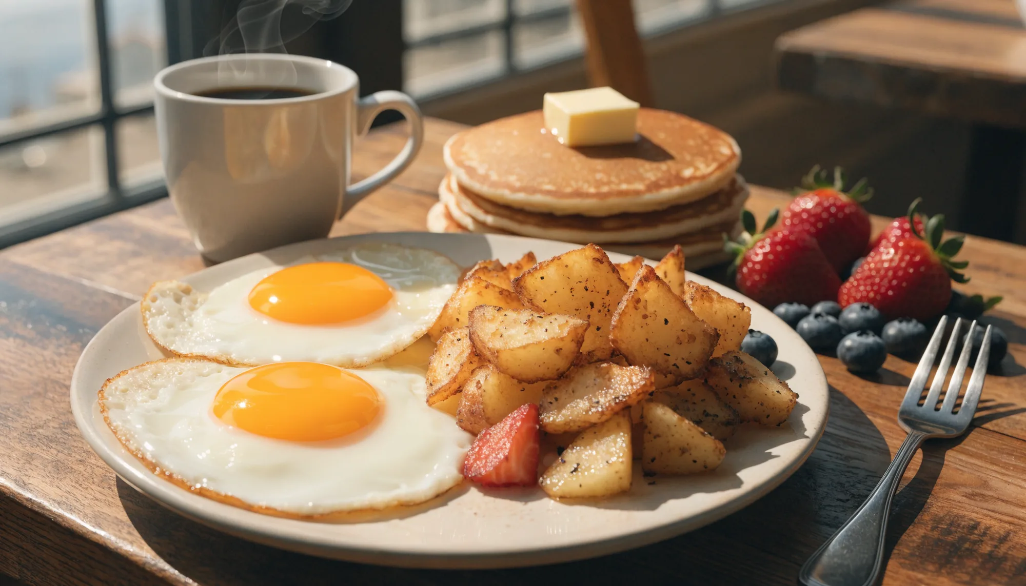 A sunny homestyle breakfast at Robin's Nest Belmar — eggs, home fries, pancakes and steaming coffee