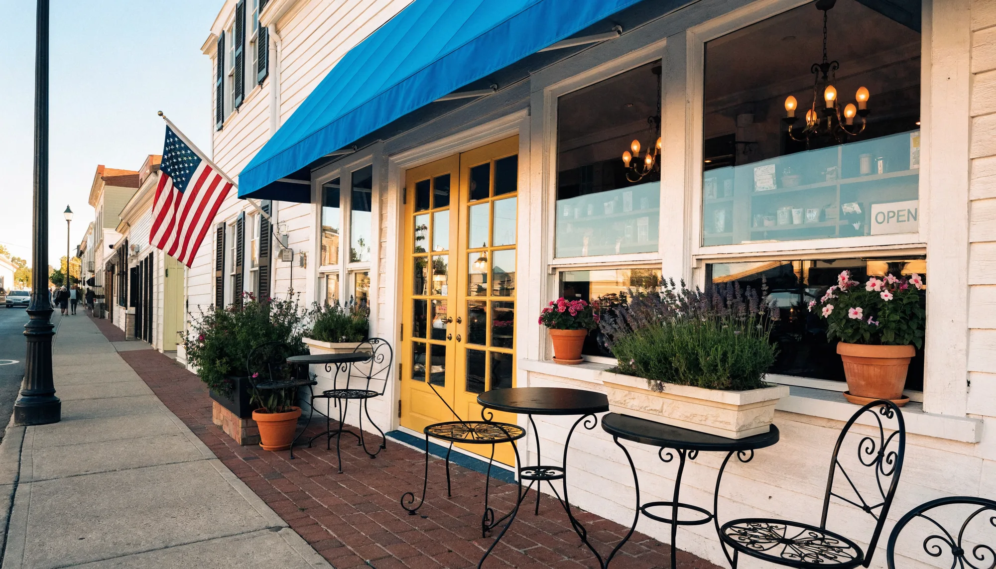 The Robin's Nest Belmar storefront with its blue awning and brick patio on Main Street